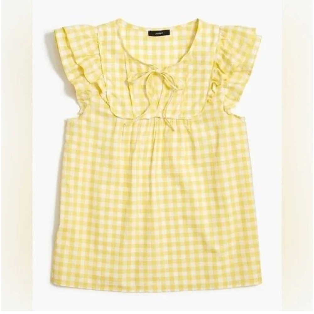 J Crew Gingham flutter top with bib trim yellow white 100% cotton size XXL